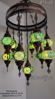 15-BALL TURKISH SULTAN MOSAIC CHANDELIER, MEDİUM GLOBES ID: S15-25