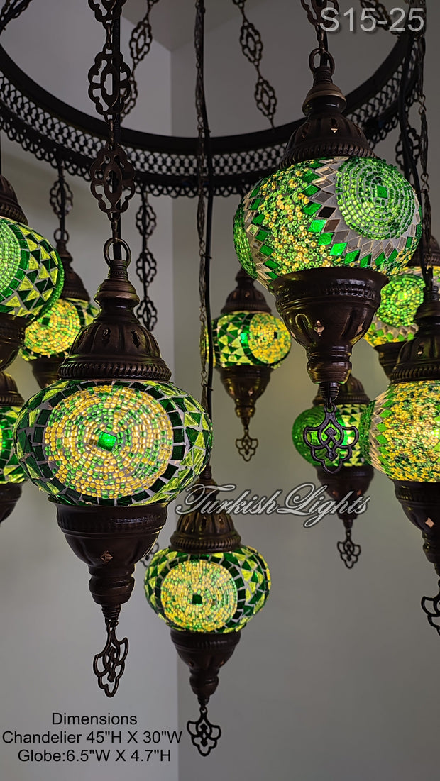 15-BALL TURKISH SULTAN MOSAIC CHANDELIER, MEDİUM GLOBES ID: S15-25