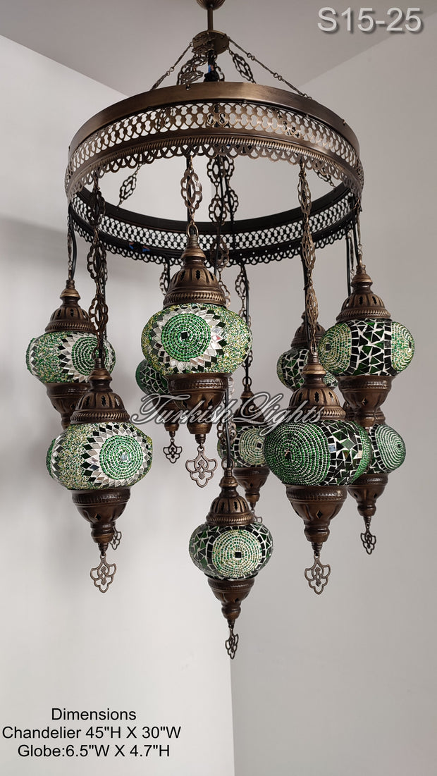 15-BALL TURKISH SULTAN MOSAIC CHANDELIER, MEDİUM GLOBES ID: S15-25