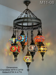 11-BALL TURKISH SULTAN MOSAIC CHANDELIER, LARGE GLOBES ID: M11-08