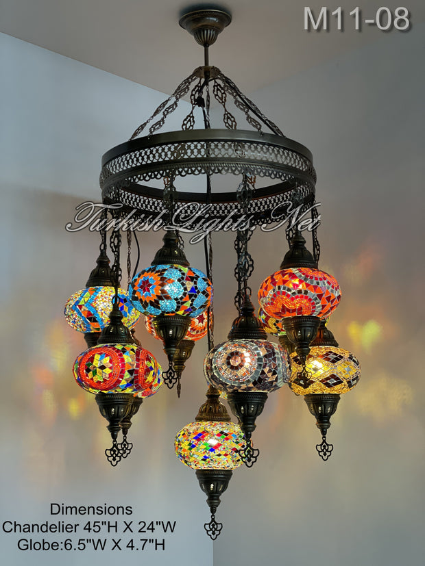 11-BALL TURKISH SULTAN MOSAIC CHANDELIER, LARGE GLOBES ID: M11-08