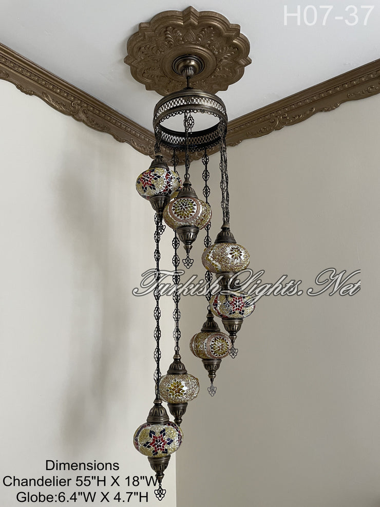 7 (L) BALL TUHRKISH WATER DROP MOSAIC CHANDELIER WİTH LARGE GLOBES H07-37