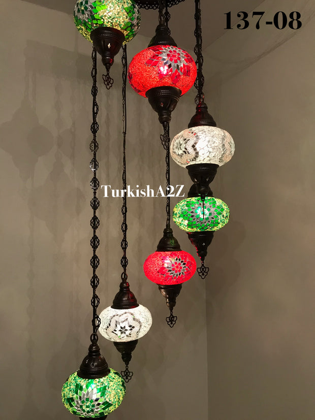 Turkish Mosaic Chandelier with 7 Large- BALL (Swag cable option),ID: 137 - TurkishLights.NET