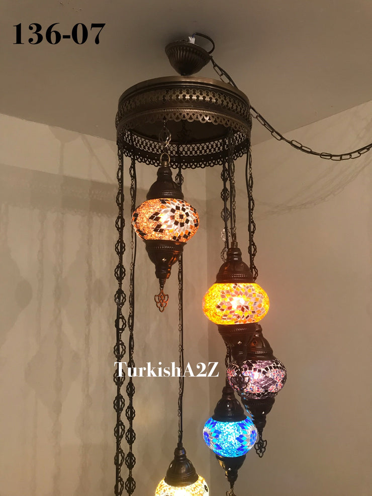 Turkish Mosaic Chandelier with 7 Medium - BALL(Swag Cable Option),ID: 136 - TurkishLights.NET