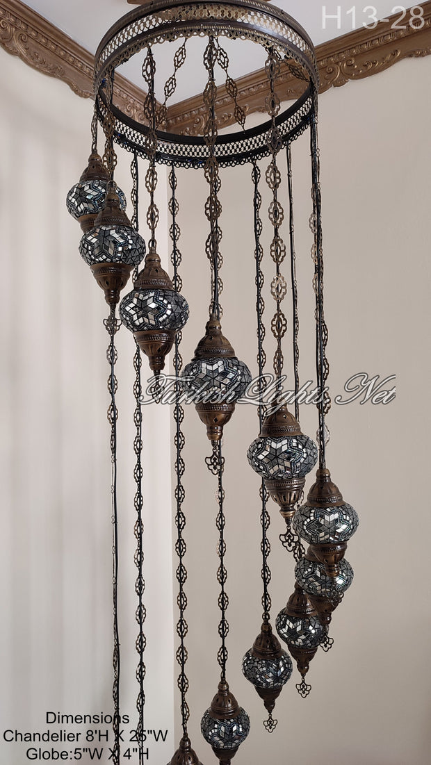 13 (M) BALL TURKISH WATER DROP MOSAIC CHANDELIER WİTH MEDIUM GLOBES H11-28