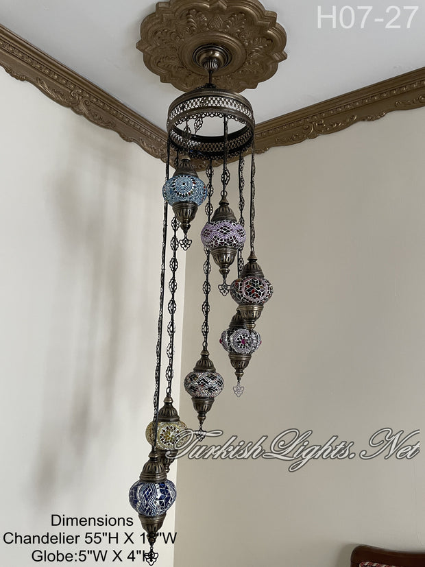 7 (M) BALL TURKISH WATER DROP MOSAIC CHANDELIER WİTH MEDIUM GLOBES H07-27