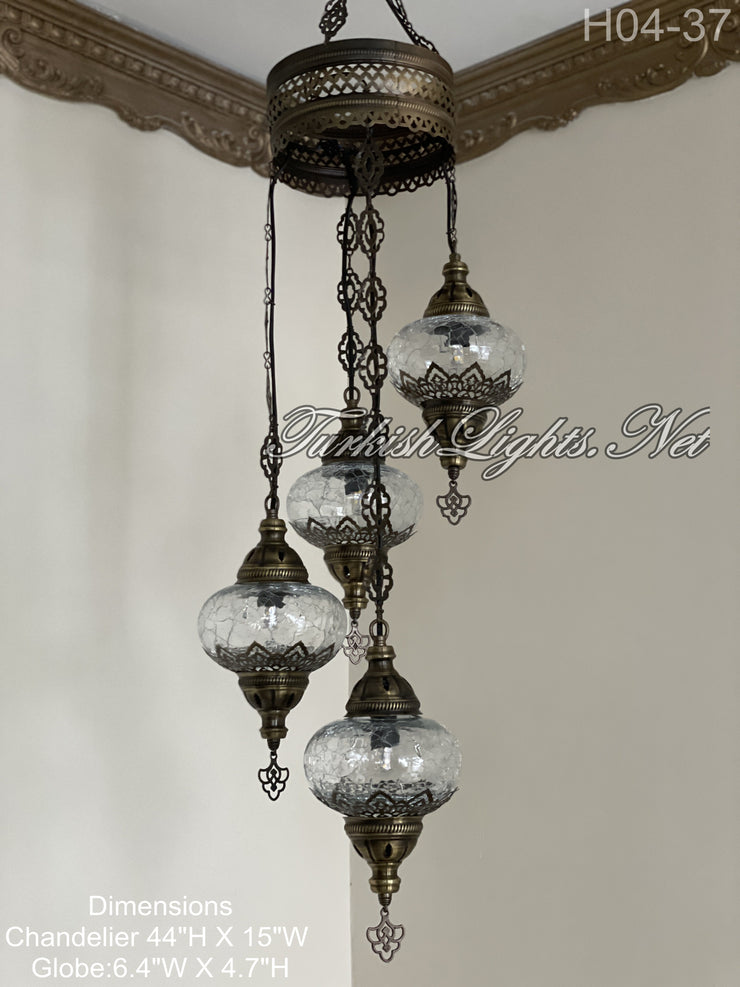 4 (L) BALL TURKISH WATER DROP MOSAIC CHANDELIER WİTH LARGE GLOBES H04-37