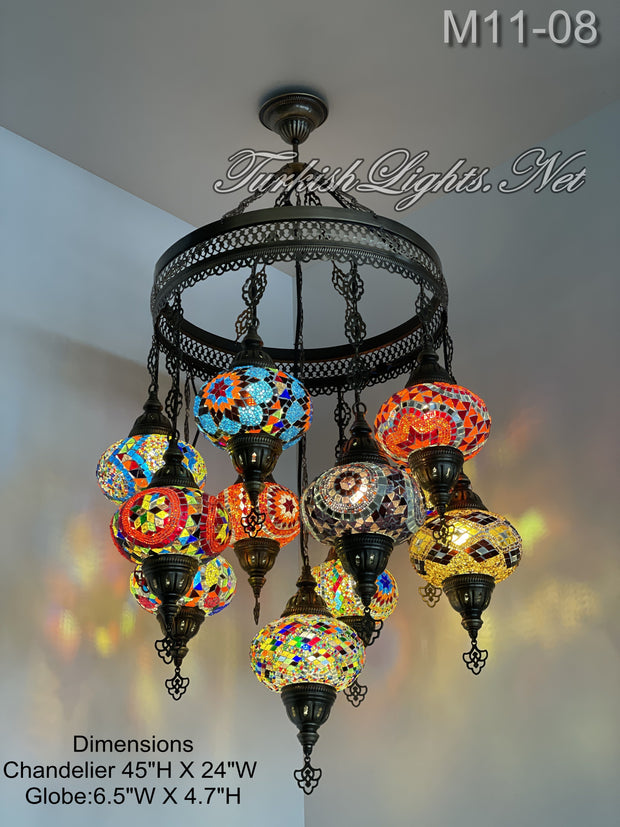 11-BALL TURKISH SULTAN MOSAIC CHANDELIER, LARGE GLOBES 10 TO CHOOSE