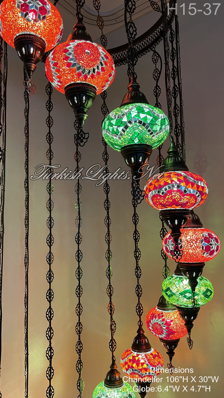 15-BALL TURKISH WATER DROP MOSAIC CHANDELIER WİTH LARGE GLOBES H15-37