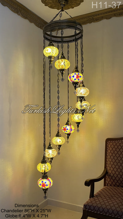 11 (L) BALL TURKISH WATER DROP MOSAIC CHANDELIER WİTH LARGE GLOBES H11-37