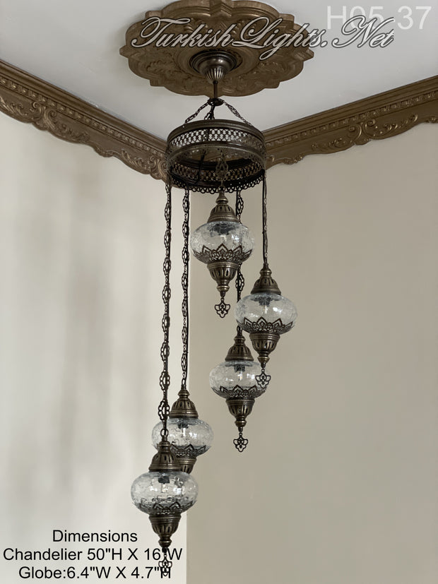 5 (L) BALL TURKISH WATER DROP MOSAIC CHANDELIER WİTH LARGE GLOBES H05-37