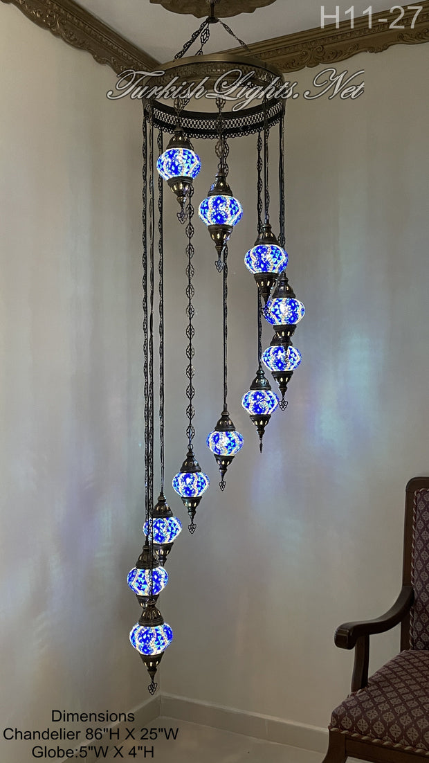 11 (M) BALL TURKISH WATER DROP MOSAIC CHANDELIER WİTH MEDIUM GLOBES H11-27