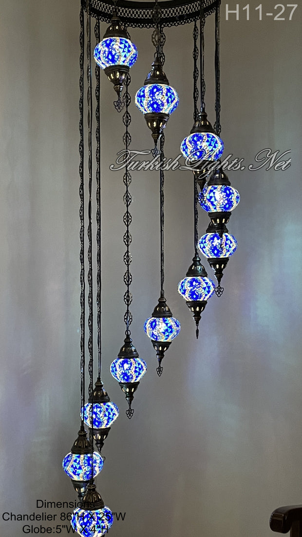 11 (M) BALL TURKISH WATER DROP MOSAIC CHANDELIER WİTH MEDIUM GLOBES H11-27