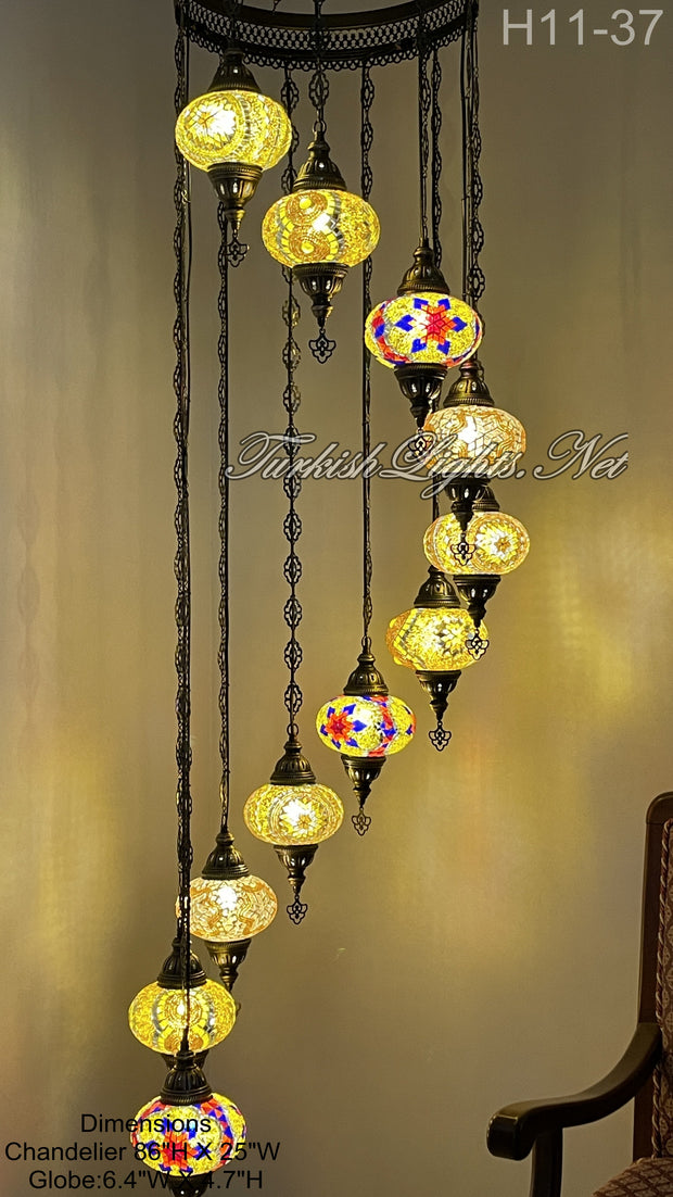 11 (L) BALL TURKISH WATER DROP MOSAIC CHANDELIER WİTH LARGE GLOBES H11-37