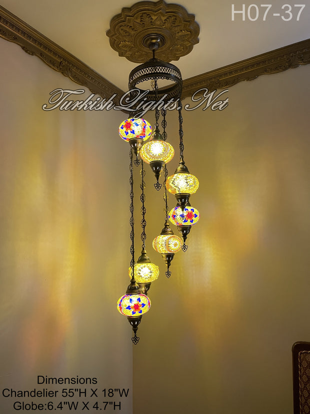7 (L) BALL TUHRKISH WATER DROP MOSAIC CHANDELIER WİTH LARGE GLOBES H07-37