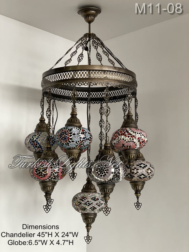 11-BALL TURKISH SULTAN MOSAIC CHANDELIER, LARGE GLOBES ID: M11-08