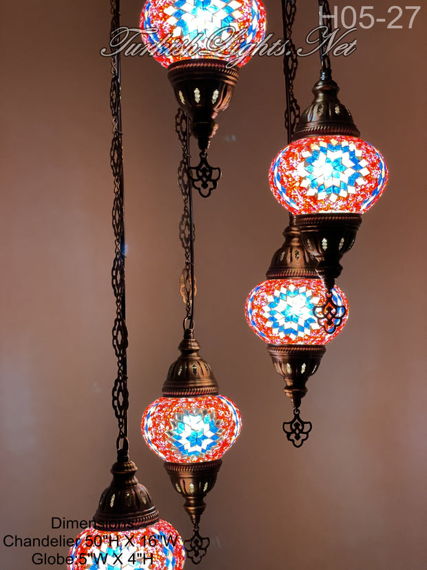 5 (M) BALL TURKISH WATER DROP MOSAIC CHANDELIER WİTH MEDIUM GLOBES H05-27