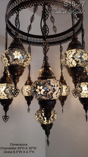 15-BALL TURKISH SULTAN MOSAIC CHANDELIER, MEDİUM GLOBES ID: S15-27