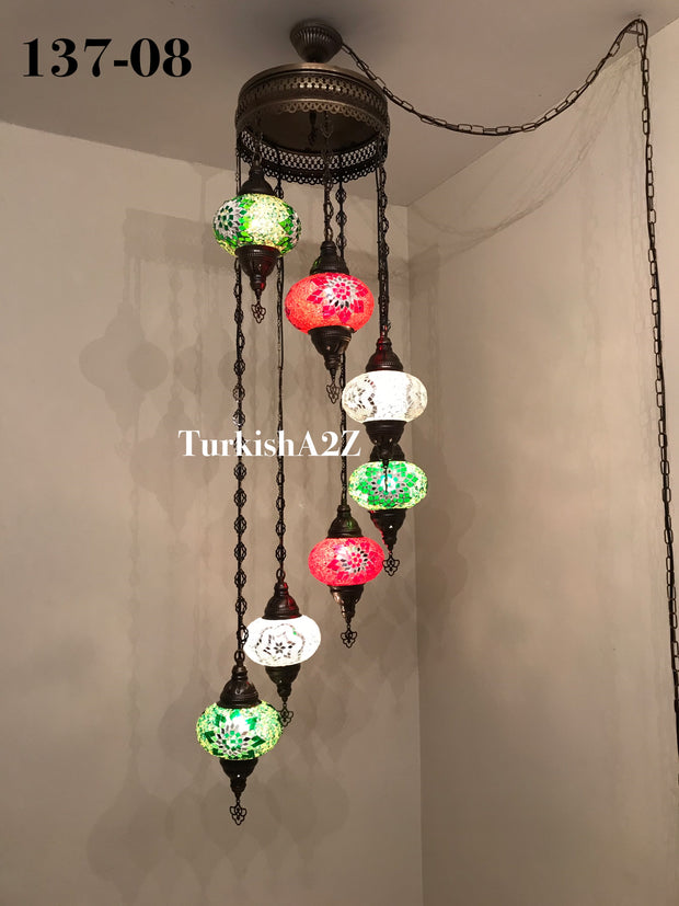 Turkish Mosaic Chandelier with 7 Large- BALL (Swag cable option),ID: 137 - TurkishLights.NET