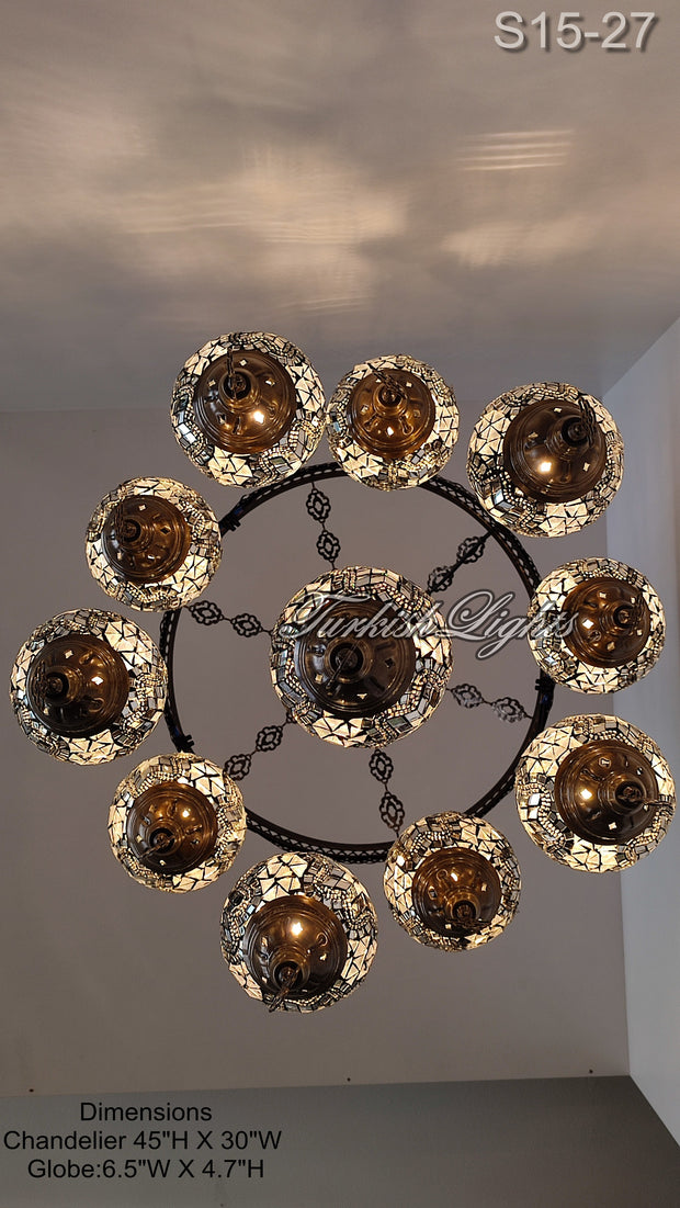 15-BALL TURKISH SULTAN MOSAIC CHANDELIER, MEDİUM GLOBES ID: S15-27