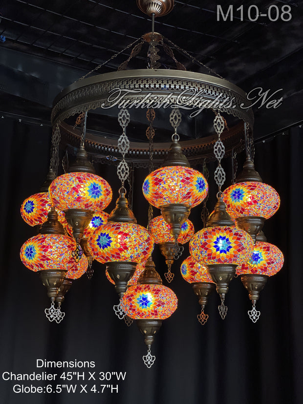 15-BALL TURKISH SULTAN MOSAIC CHANDELIER, LARGE GLOBES ID: M10-08