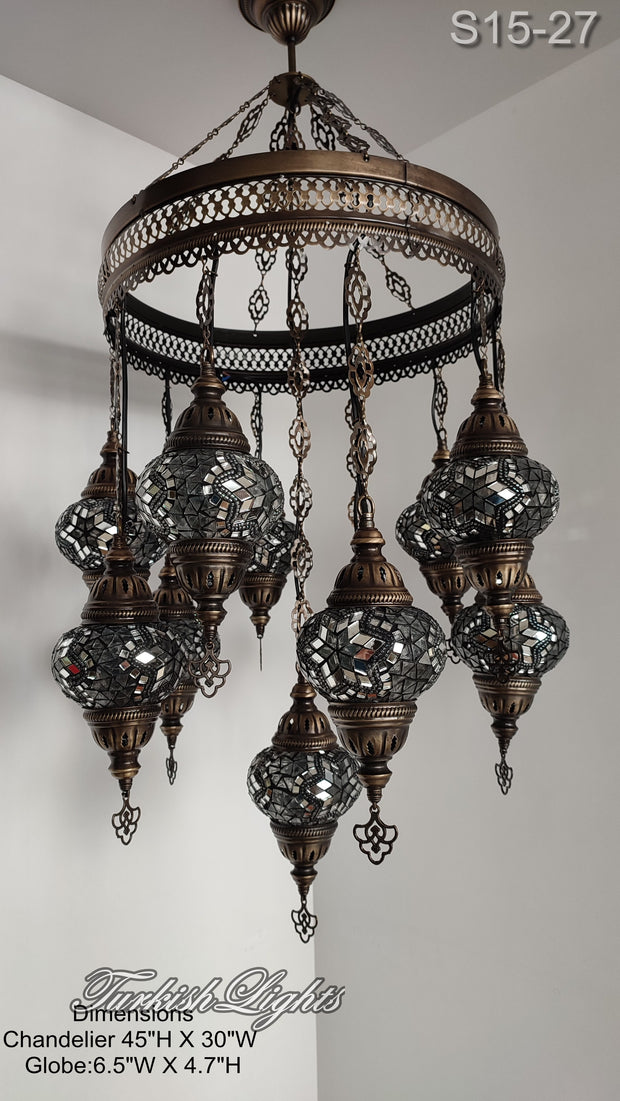 15-BALL TURKISH SULTAN MOSAIC CHANDELIER, MEDİUM GLOBES ID: S15-27