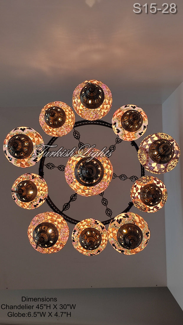 15-BALL TURKISH SULTAN MOSAIC CHANDELIER, MEDİUM GLOBES ID: S15-28