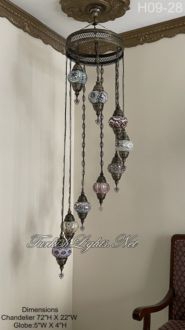 9 (M) BALL TURKISH WATER DROP MOSAIC CHANDELIER WİTH MEDIUM GLOBES H09-28