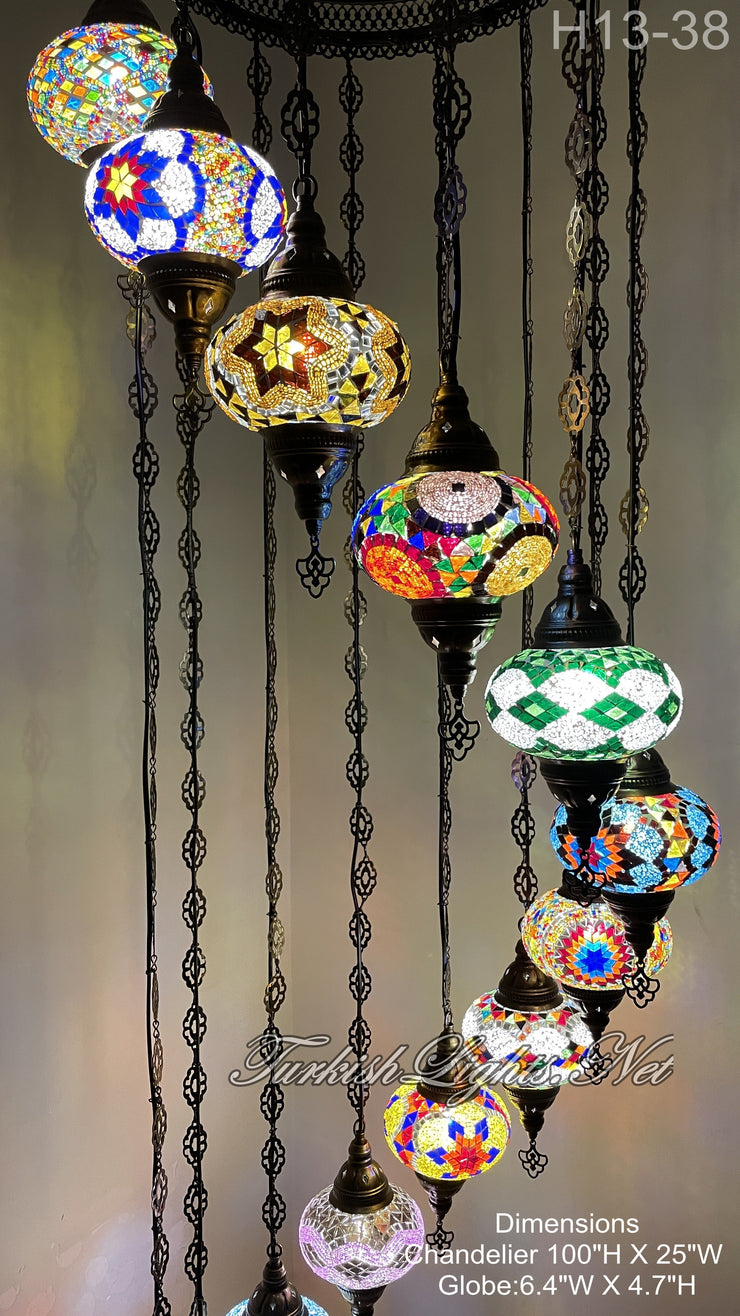 13 (L) BALL TURKISH WATER DROP MOSAIC CHANDELIER WİTH LARGE GLOBES H13-38