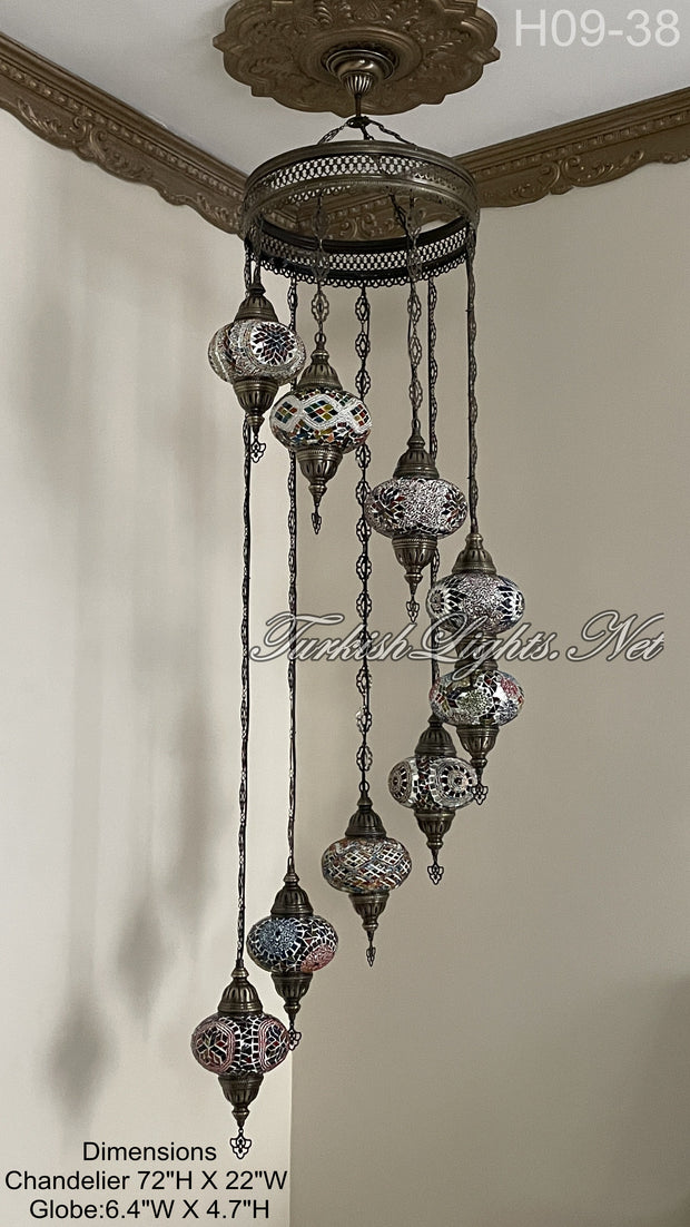 9 (L) BALL TURKISH WATER DROP MOSAIC CHANDELIER WİTH LARGE GLOBES H09-38