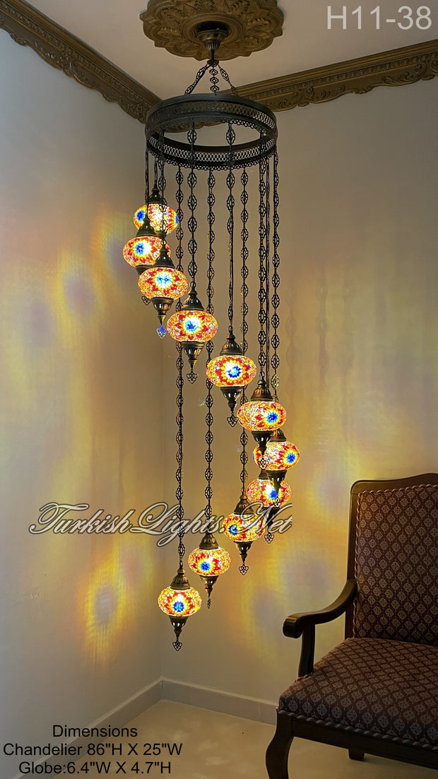 11 (L) BALL TURKISH WATER DROP MOSAIC CHANDELIER WİTH LARGE GLOBES 9 TO CHOOSE