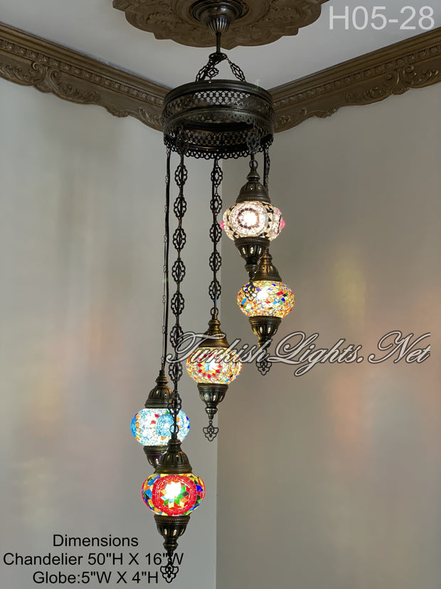 5 (M) BALL TURKISH WATER DROP MOSAIC CHANDELIER WİTH MEDIUM GLOBES H05-28