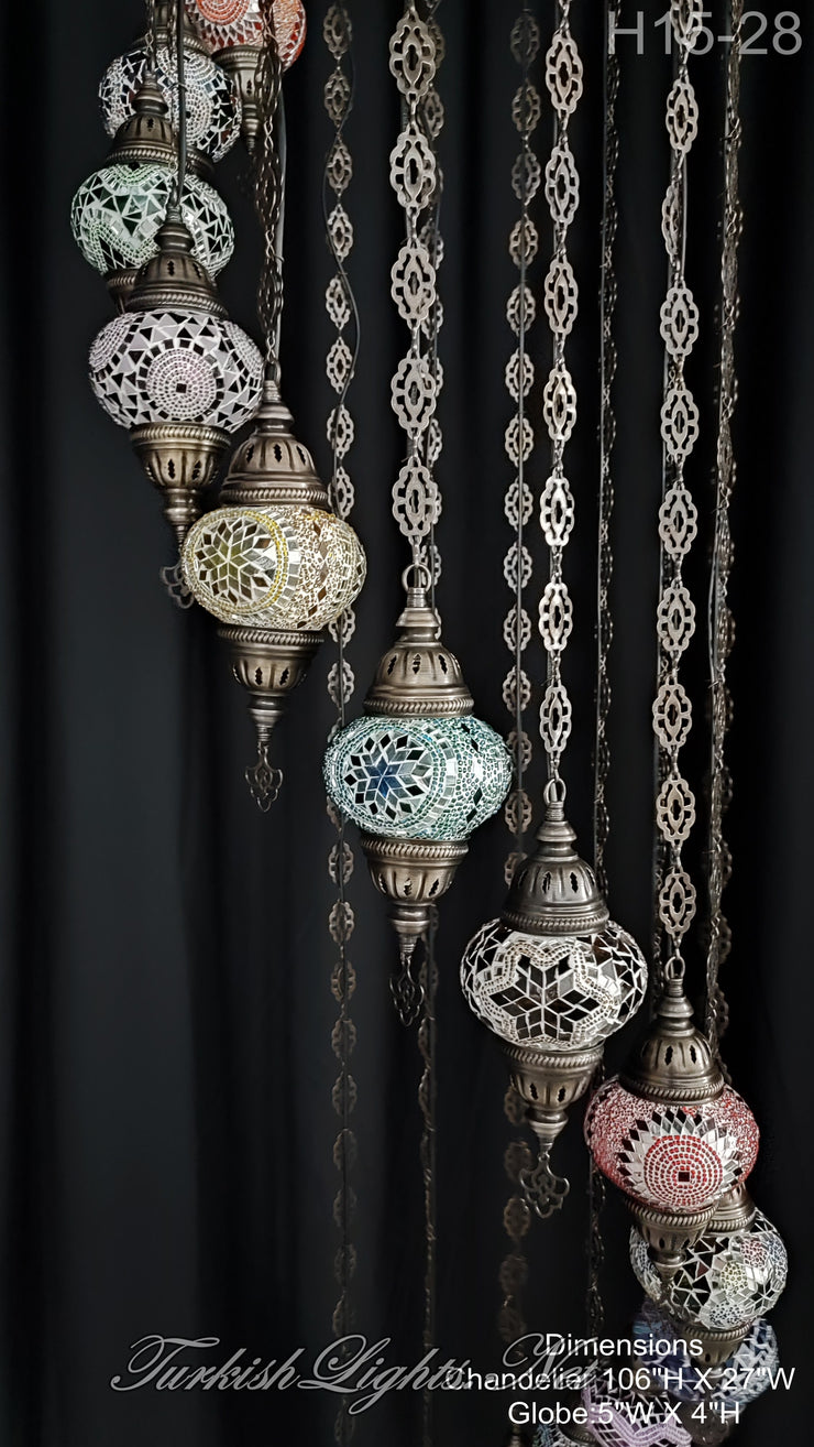 15-BALL TURKISH WATER DROP MOSAIC CHANDELIER MEDIUM GLOBES H15-28