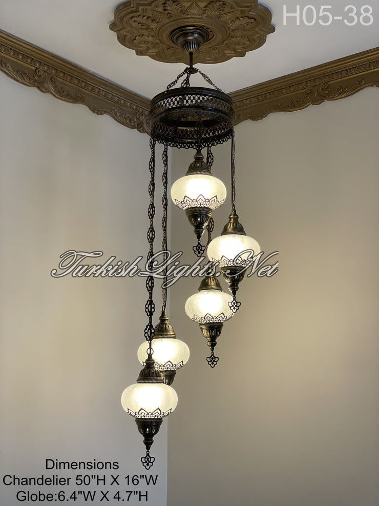 5 (L) BALL TURKISH WATER DROP MOSAIC CHANDELIER WİTH LARGE GLOBES H05-38