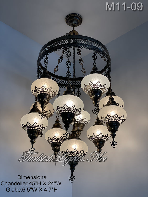 11-BALL TURKISH SULTAN MOSAIC CHANDELIER, LARGE GLOBES 10 TO CHOOSE