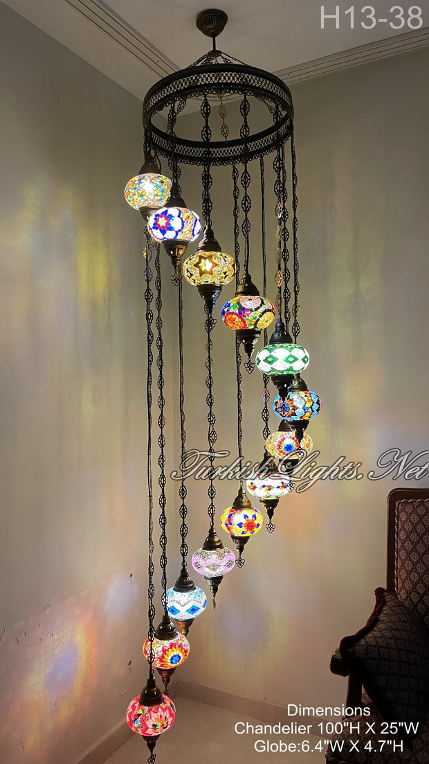 13 (L) BALL TURKISH WATER DROP MOSAIC CHANDELIER WİTH LARGE GLOBES 9 TO CHOOSE