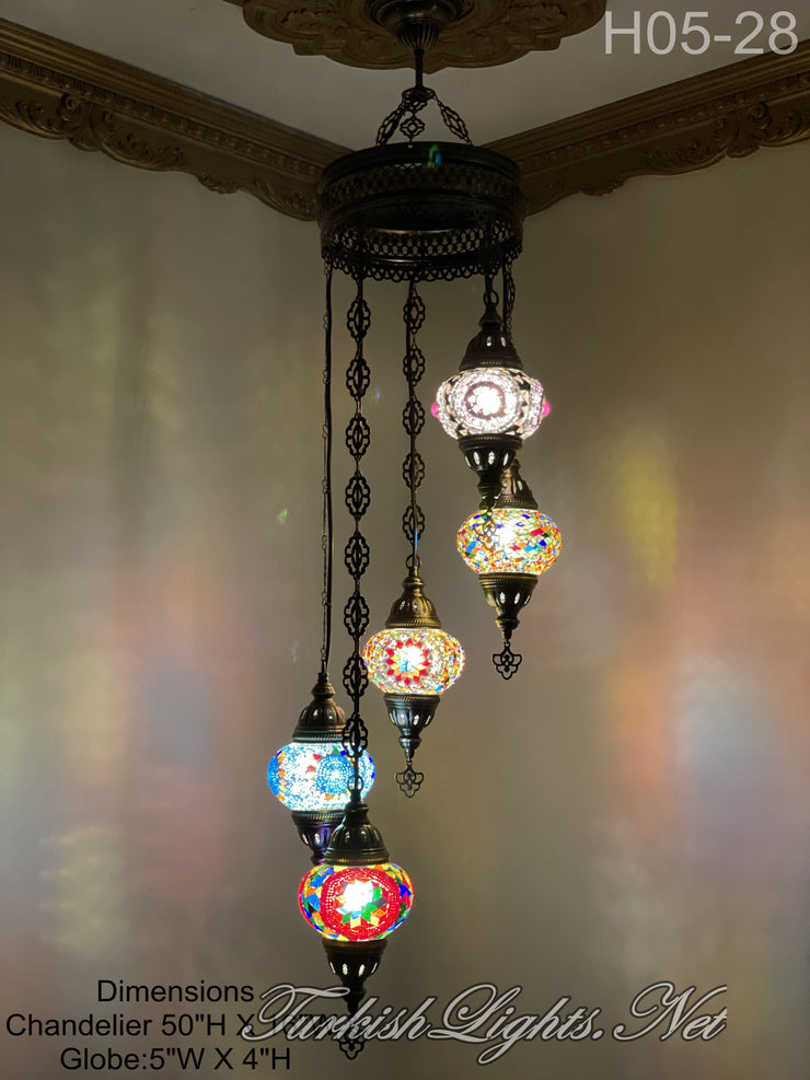 5 (M) BALL TURKISH WATER DROP MOSAIC CHANDELIER WİTH MEDIUM GLOBES H05-28