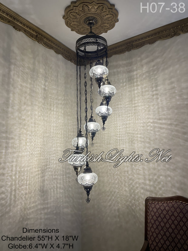 7 (L) BALL TURKISH WATER DROP MOSAIC CHANDELIER WİTH LARGE GLOBES 10 TO CHOOSE
