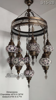 15-BALL TURKISH SULTAN MOSAIC CHANDELIER, MEDİUM GLOBES ID: S15-28