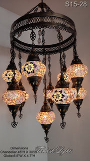 15-BALL TURKISH SULTAN MOSAIC CHANDELIER, MEDİUM GLOBES 15 TO CHOOSE