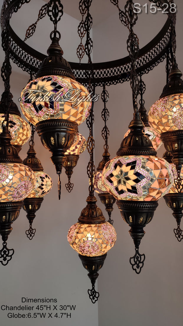 15-BALL TURKISH SULTAN MOSAIC CHANDELIER, MEDİUM GLOBES ID: S15-28