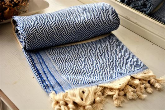 BEST QUALITY ELMAS TURKISH BATH TOWEL, TURKISH PESHTEMAL, BLUE - TurkishLights.NET