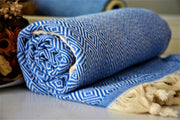 BEST QUALITY ELMAS TURKISH BATH TOWEL, TURKISH PESHTEMAL, BLUE - TurkishLights.NET