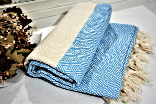 BEST QUALITY ELMAS TURKISH BATH TOWEL, TURKISH PESHTEMAL, SKY BLUE - TurkishLights.NET