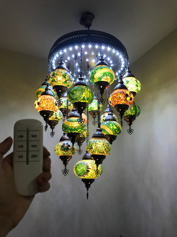 Turkish Mosaic Chandelier With 21 Medium Globes (with remote) ,ID: 142, FREE SHIPPING - TurkishLights.NET