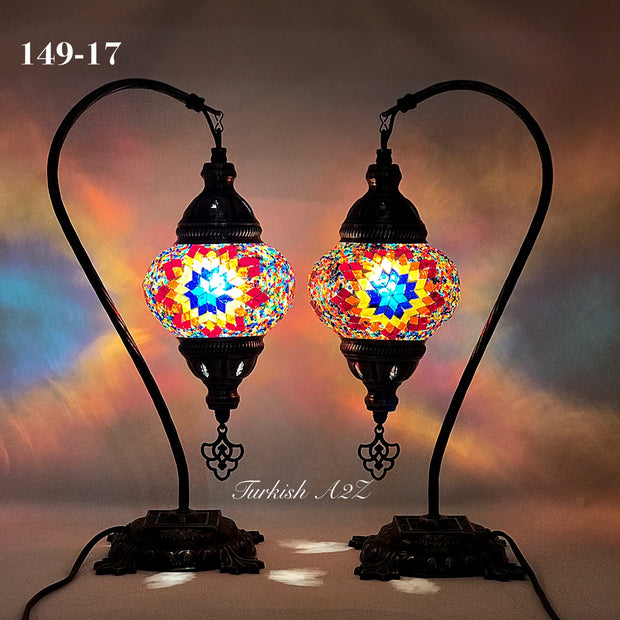 Pair of Mosaic Table  Lamp, SWAN NECK With Medium Globe , Product ID: 149 - TurkishLights.NET