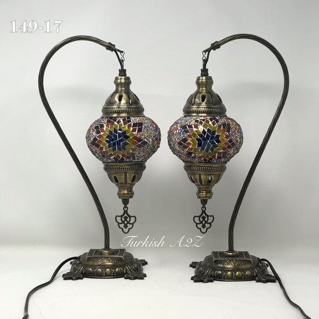 Pair of Mosaic Table  Lamp, SWAN NECK With Medium Globe , Product ID: 149 - TurkishLights.NET