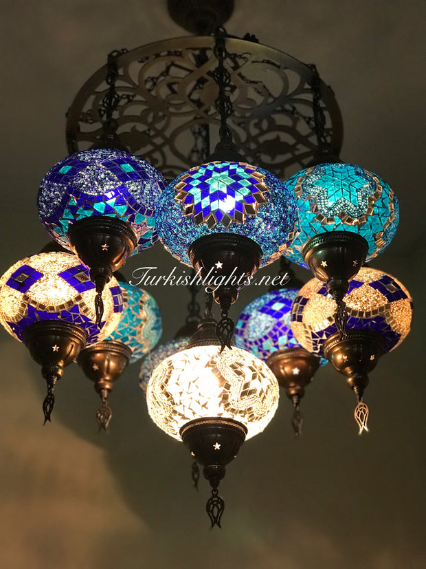 9-BALL Turkish Sultan Mosaic Chandelier With (LARGE) GLOBES , ID:161 - TurkishLights.NET