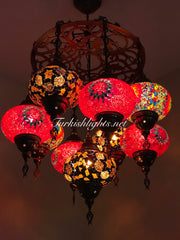 9-BALL Turkish Sultan Mosaic Chandelier With (LARGE) GLOBES , ID:161 - TurkishLights.NET