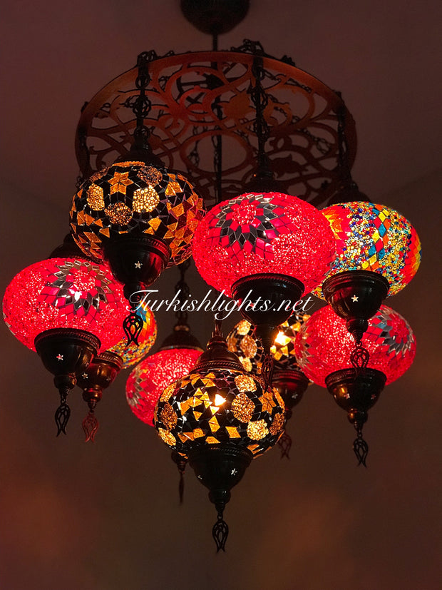 9-BALL Turkish Sultan Mosaic Chandelier With (LARGE) GLOBES , ID:161 - TurkishLights.NET